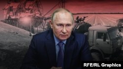 Российский президент Владимир Путин и украинское зерно с оккупированных территорий. Фотоколлаж